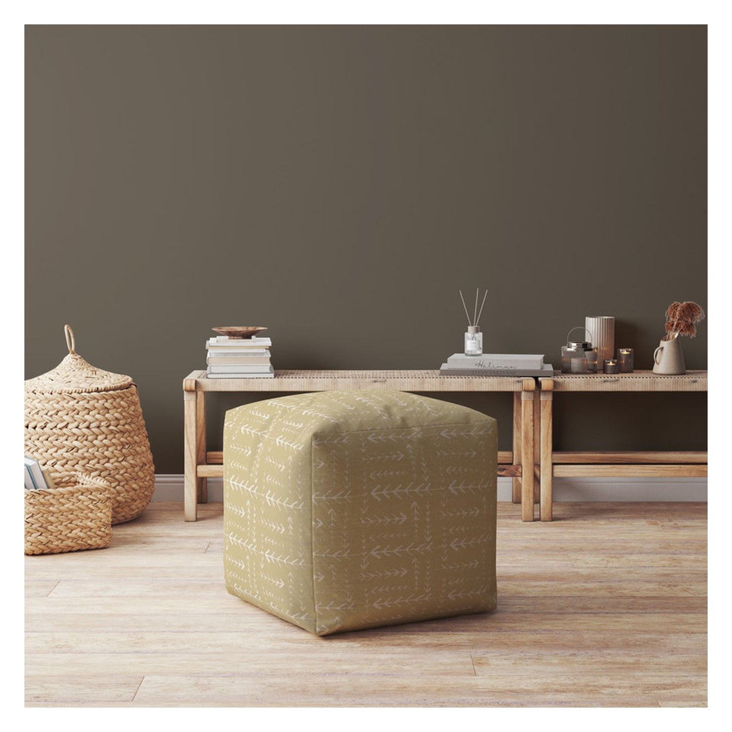 17" Beige Cotton Abstract Pouf Ottoman