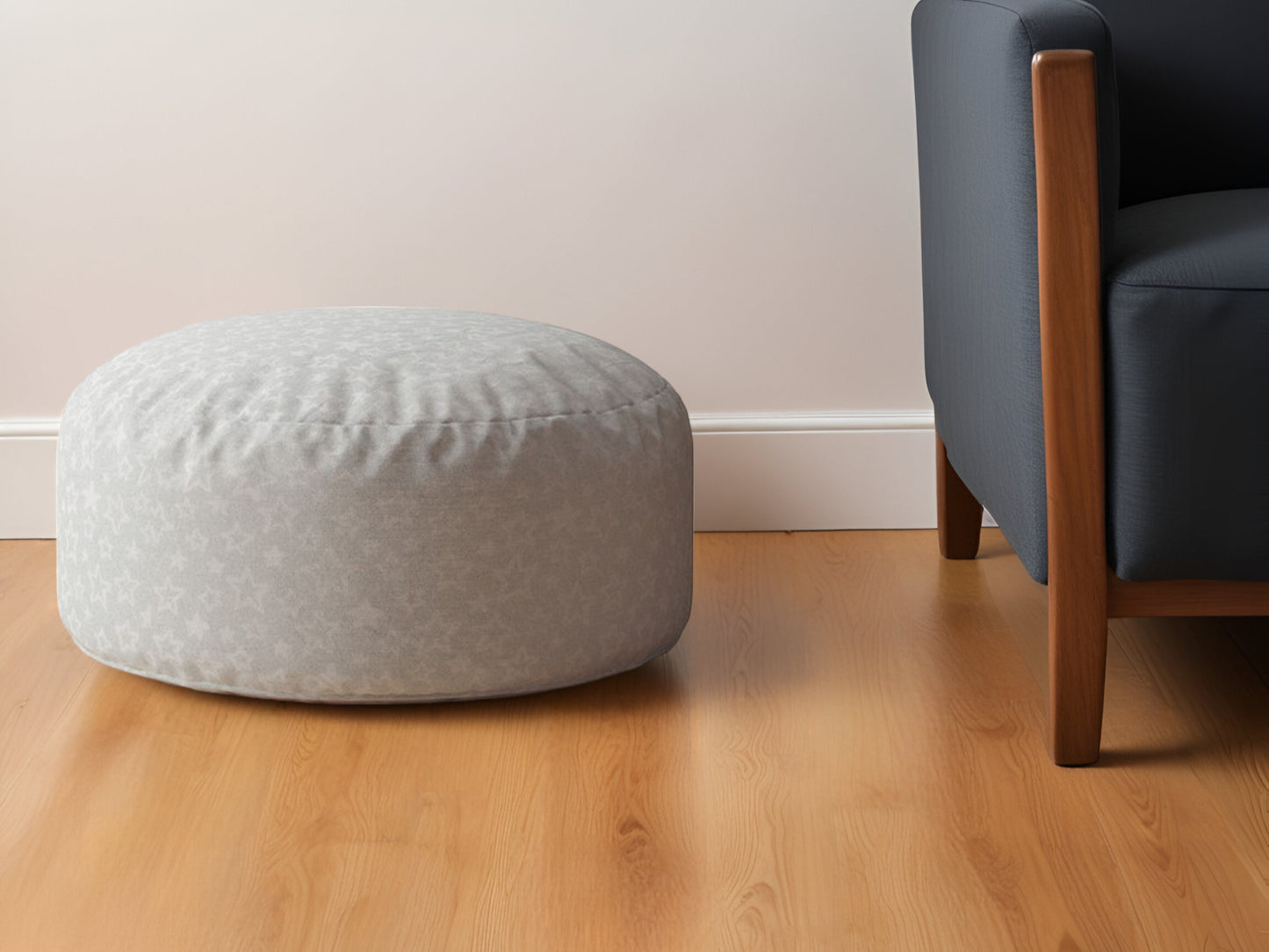 24" Gray Cotton Round Abstract Pouf Ottoman