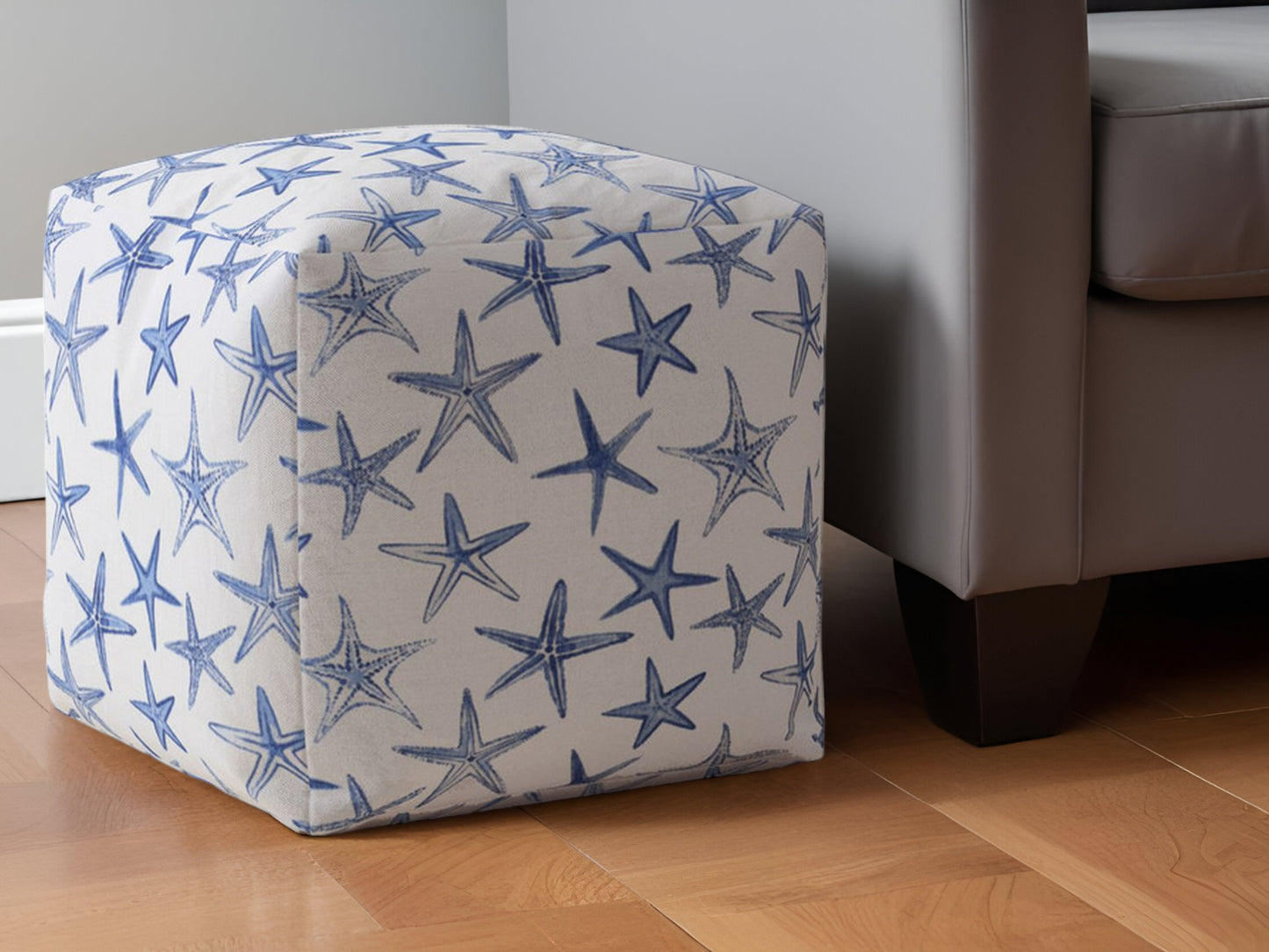 17" Blue and White Canvas Stars Pouf Ottoman