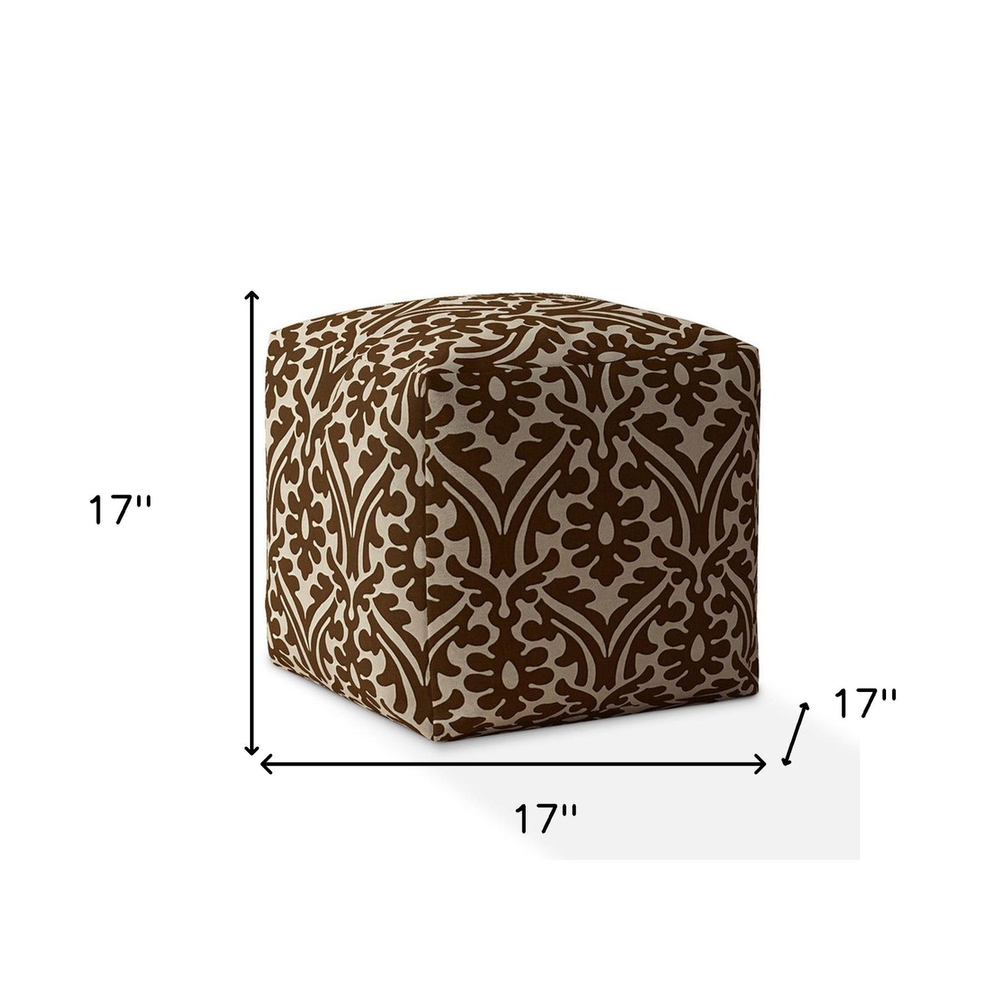 17" Brown Cotton Damask Pouf Ottoman