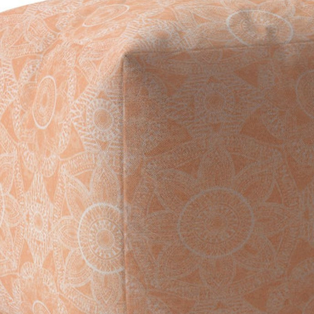 17" Orange Cotton Floral Pouf Ottoman