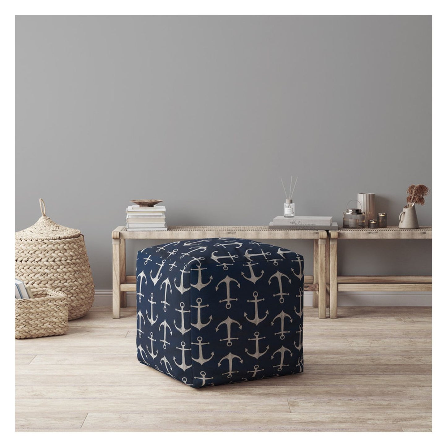 17" Blue Twill Anchor Pouf Cover