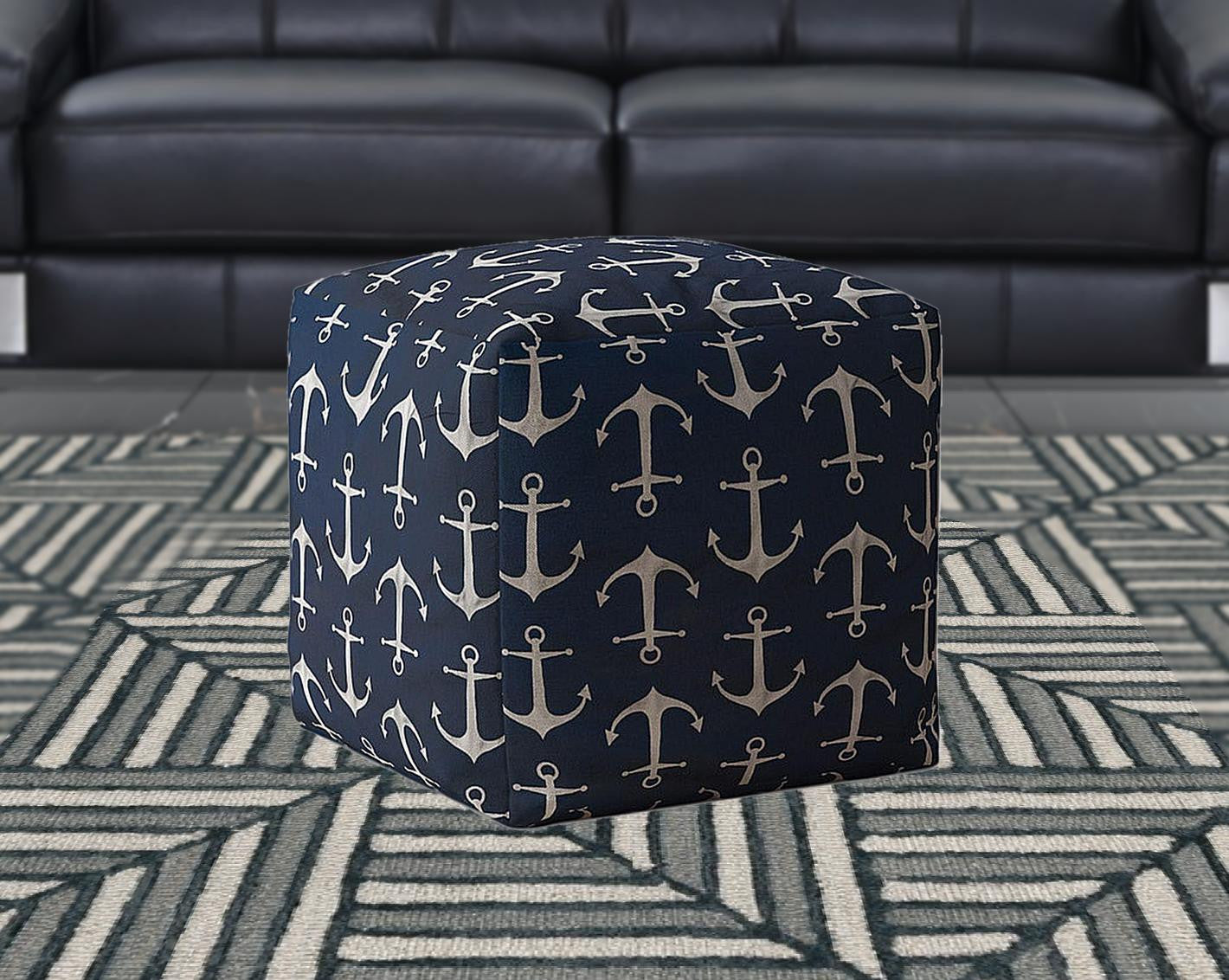 17" Blue Twill Anchor Pouf Cover