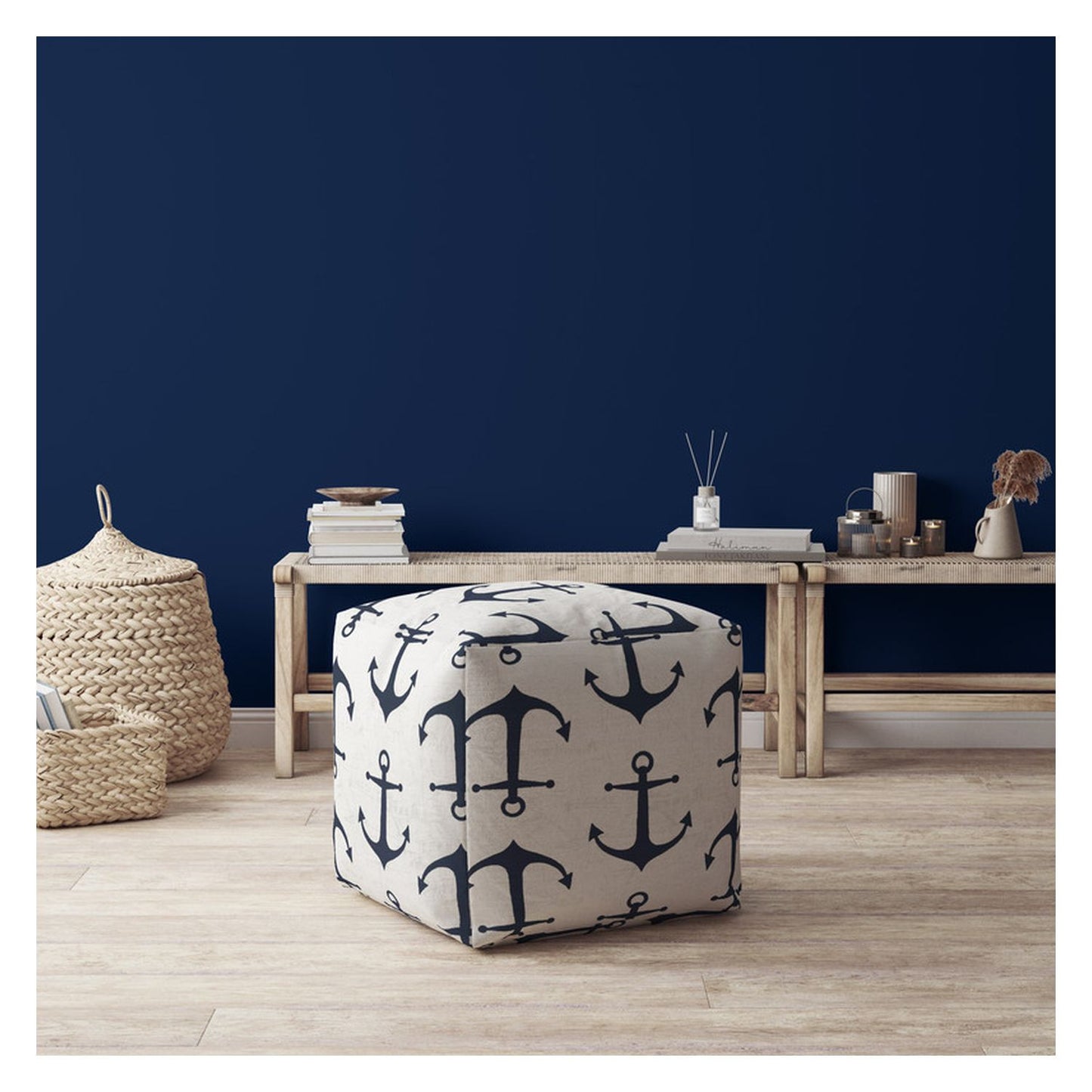 17" Blue Canvas Anchor Pouf Cover