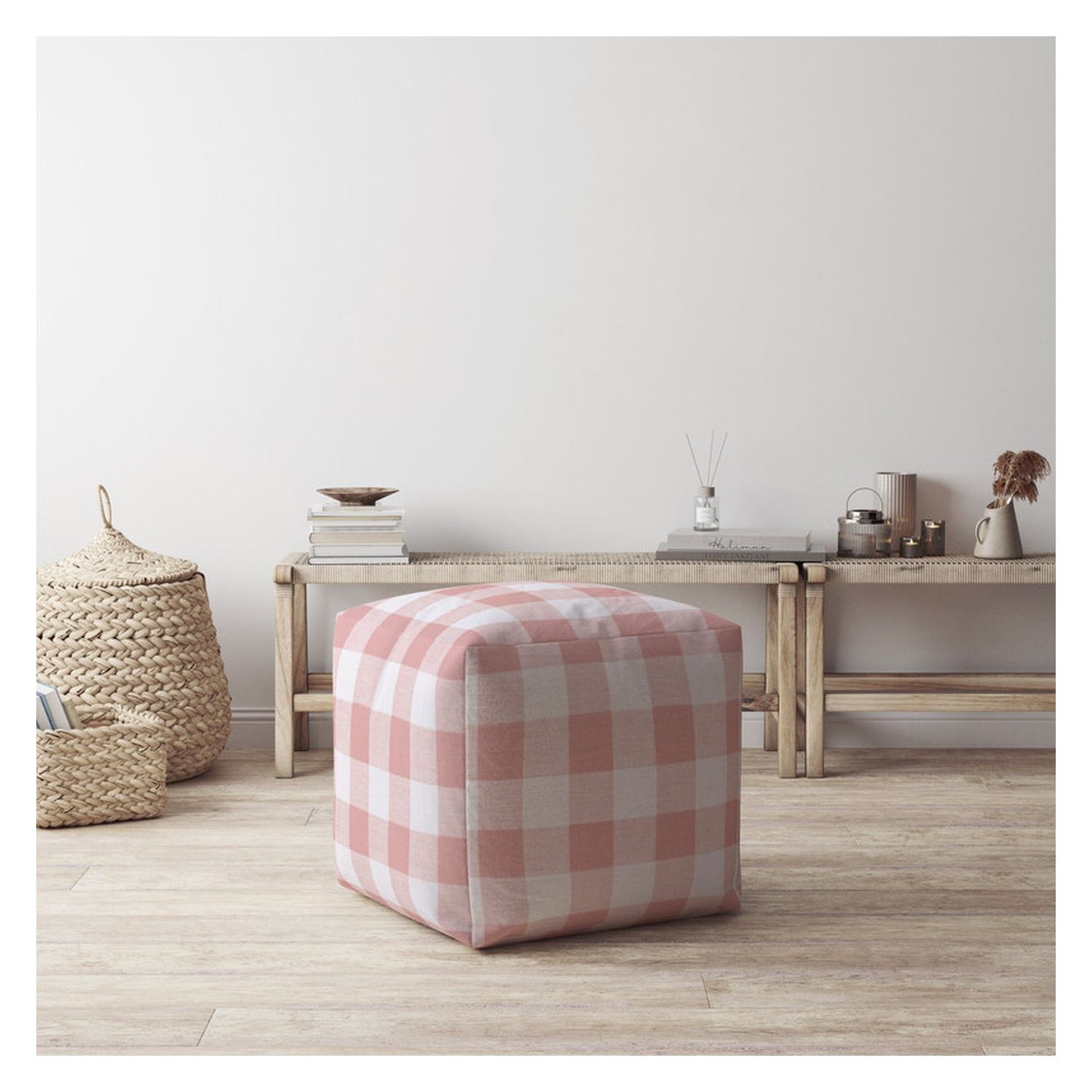 17" Pink And White Cotton Gingham Pouf Cover