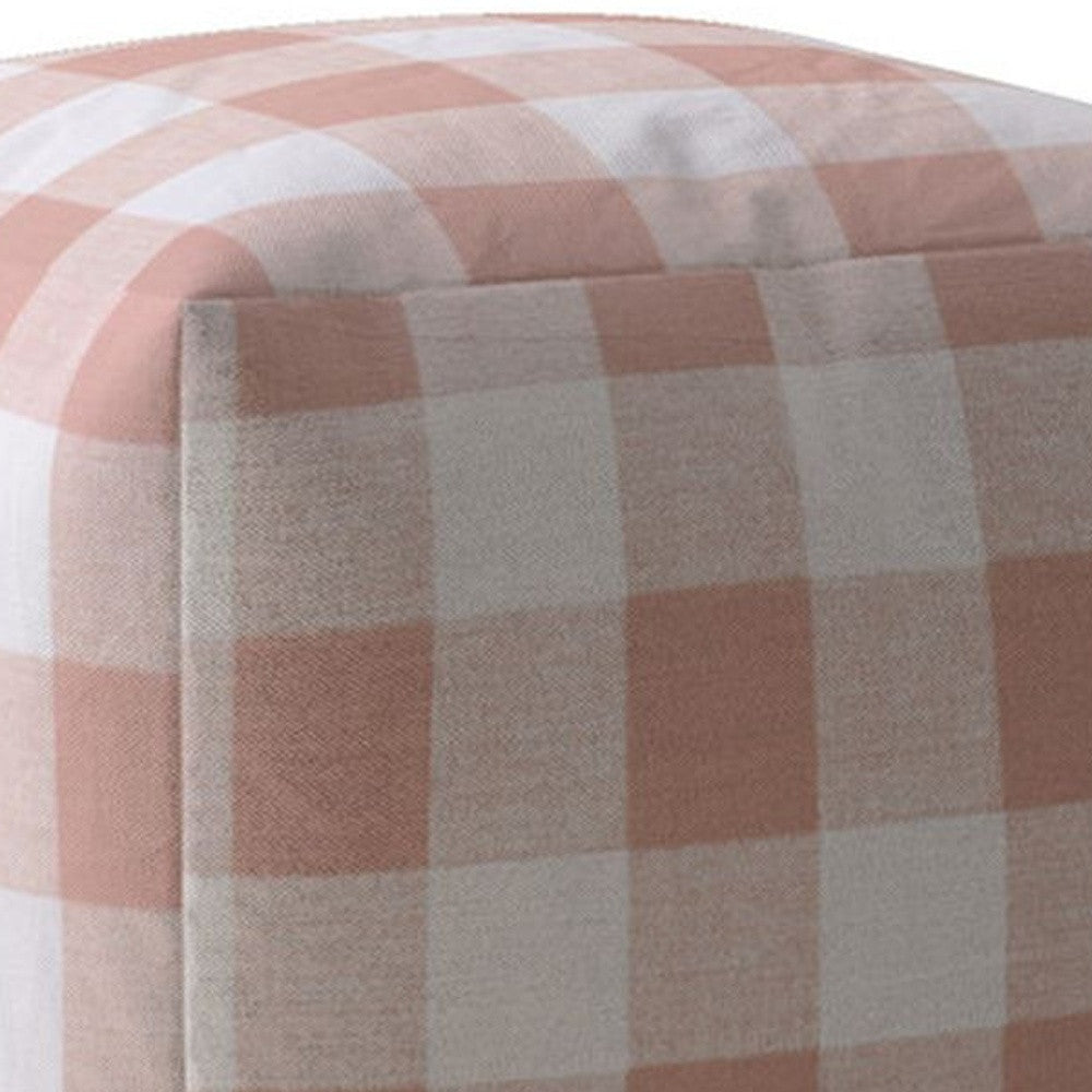 17" Pink And White Cotton Gingham Pouf Cover