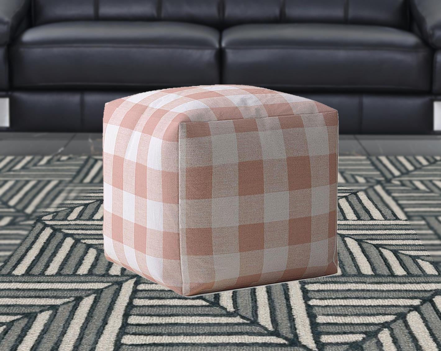 17" Pink And White Cotton Gingham Pouf Cover