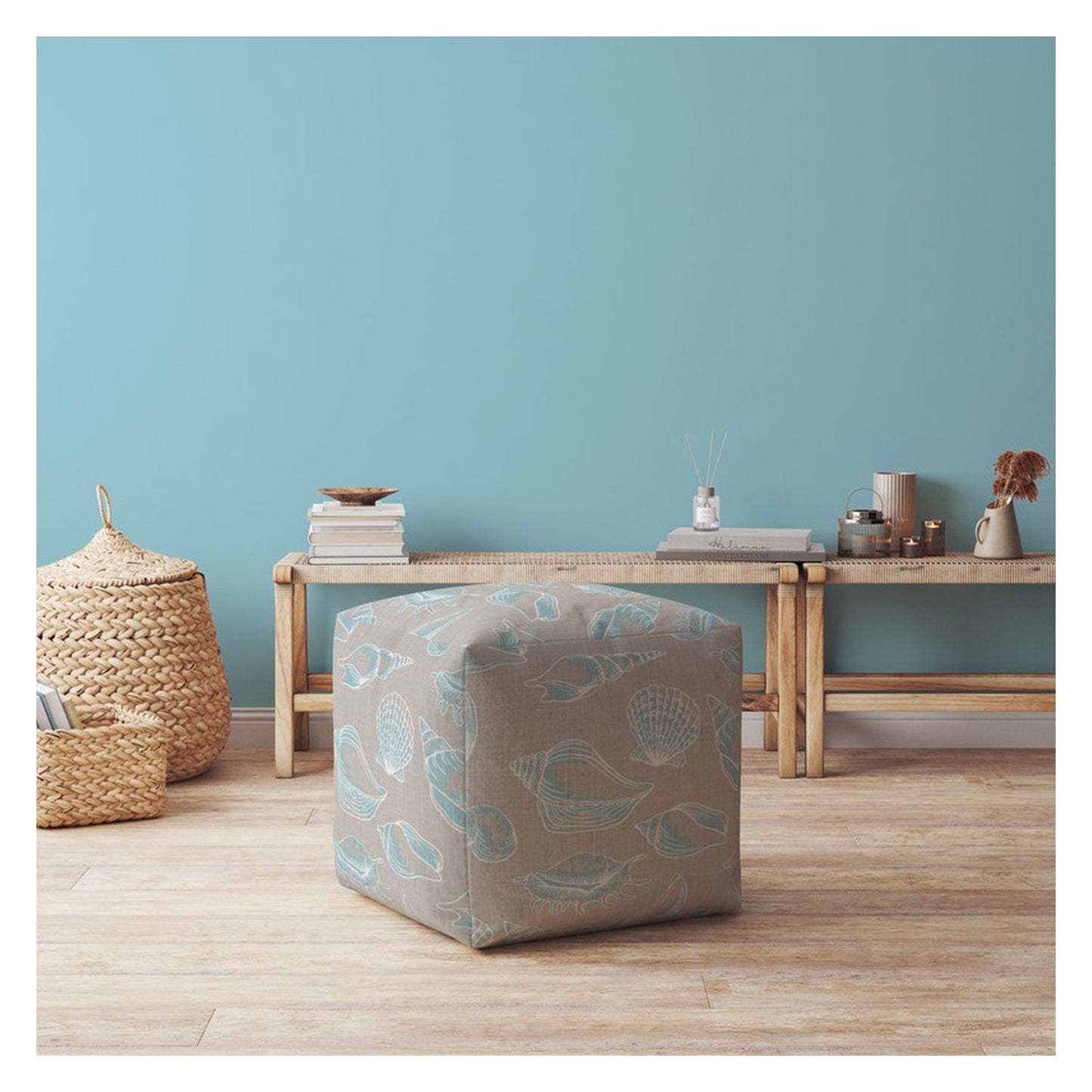 17" Blue Canvas Seashell Pouf Cover