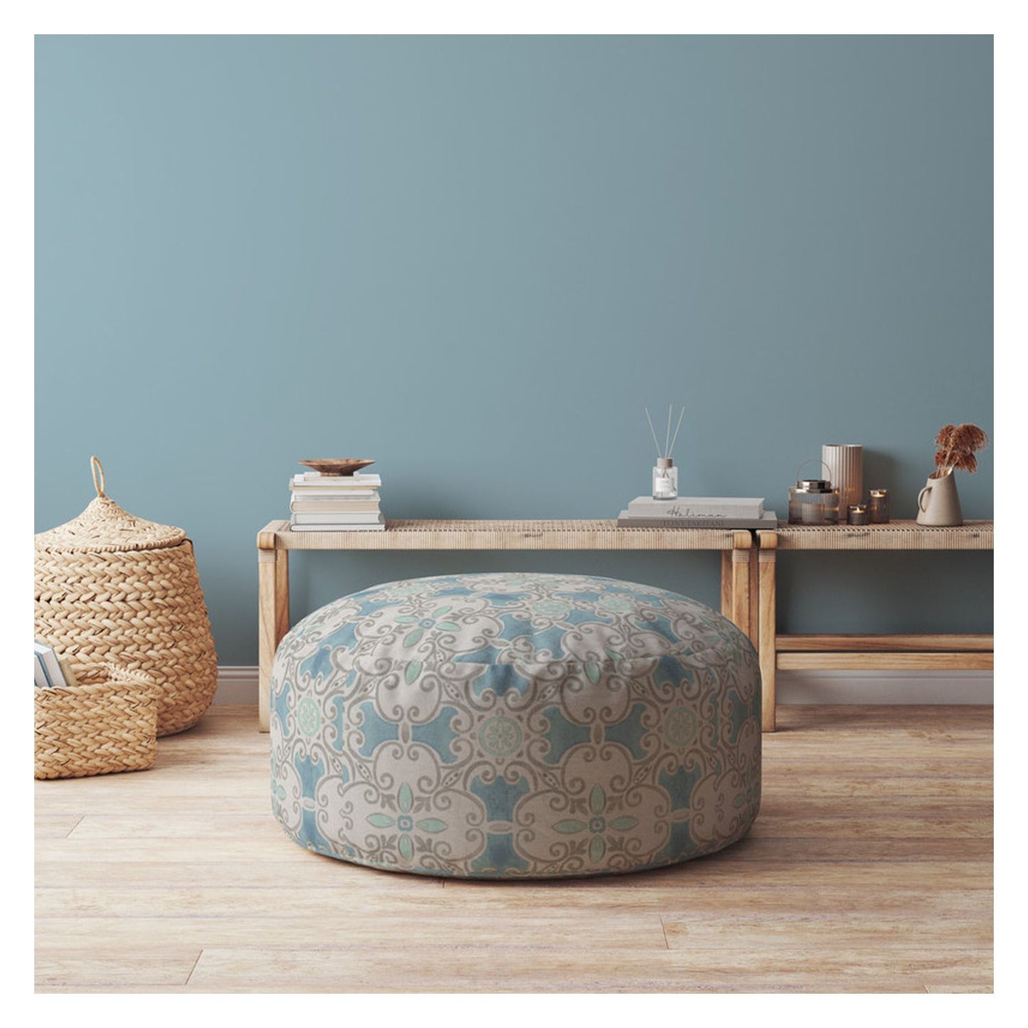 24" Blue Cotton Round Ikat Pouf Cover