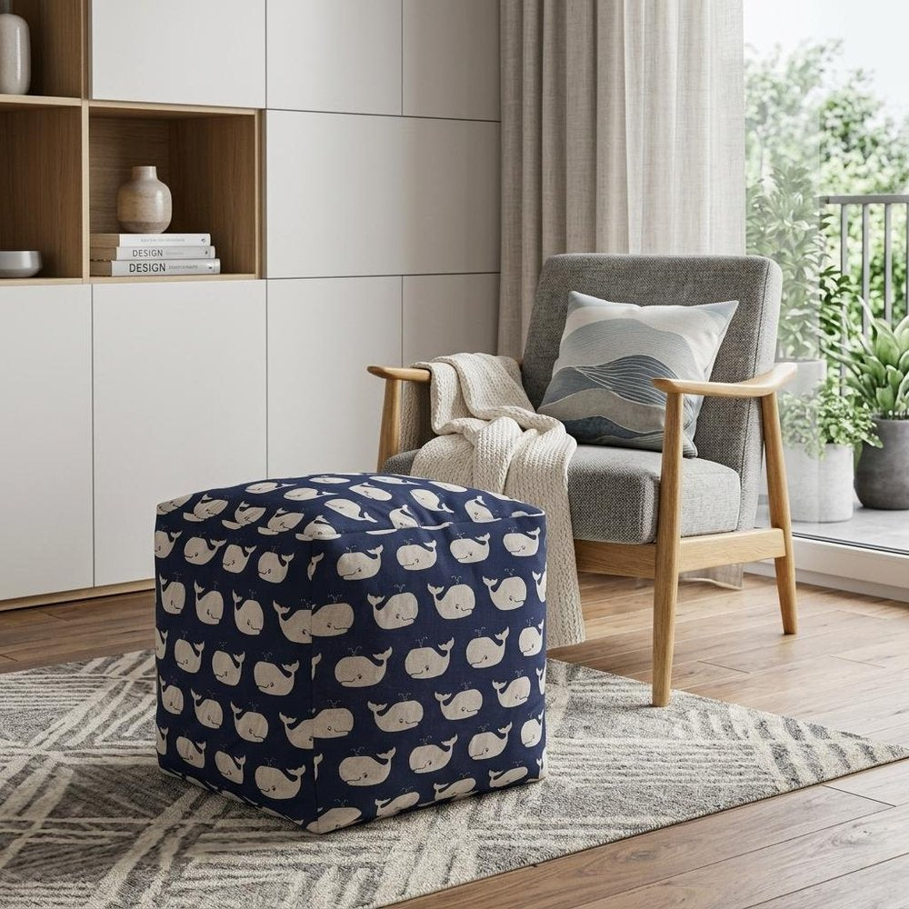 17" Blue Cotton Whale Pouf Cover