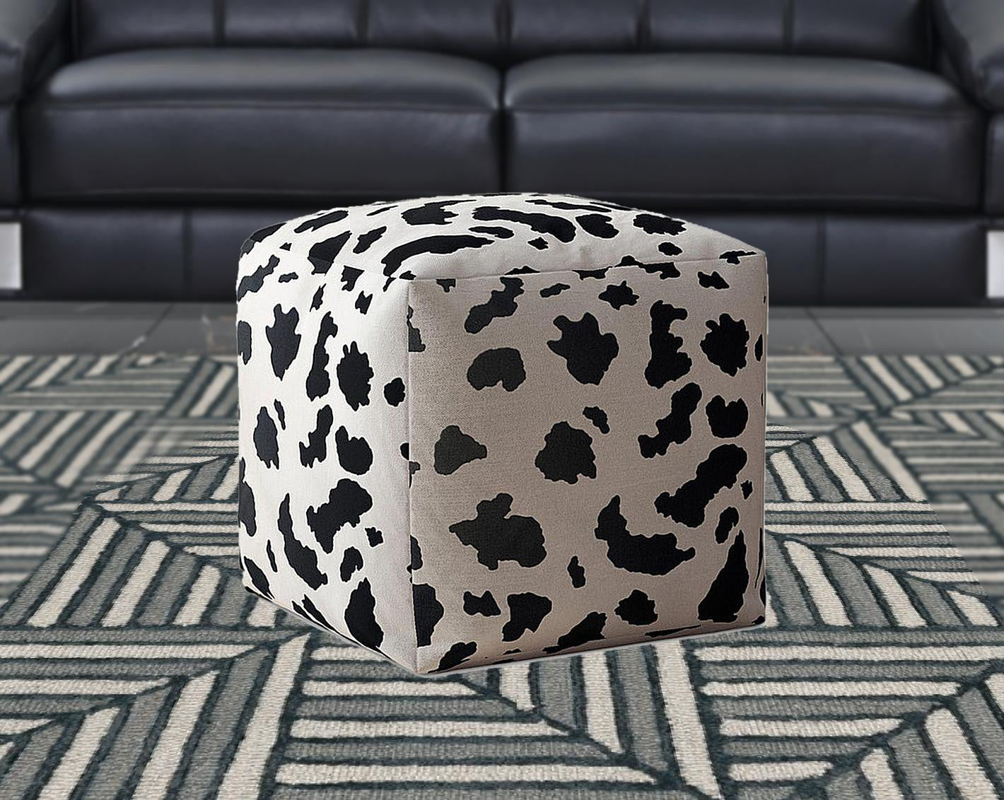 17" Black And White Twill Animal Print Pouf Cover