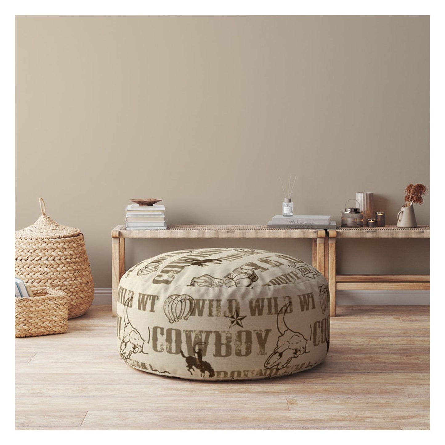 24" Brown Cotton Round Cowboy Pouf Cover