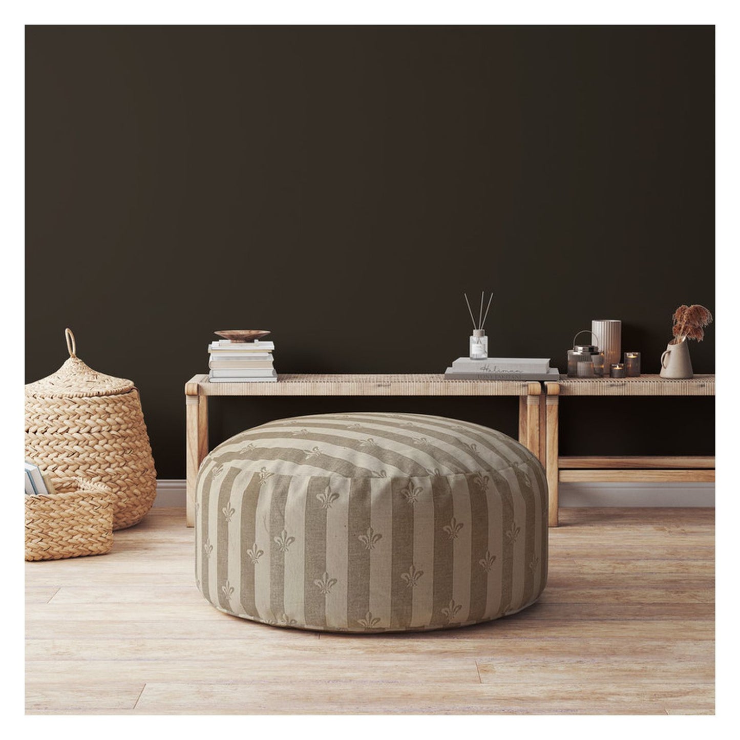 24" Taupe Cotton Round Floral Pouf Cover