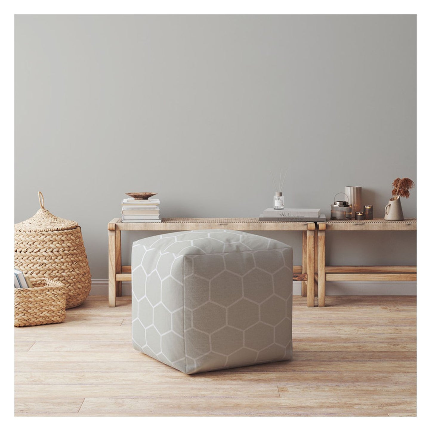 17" Gray Cotton Geometric Pouf Cover