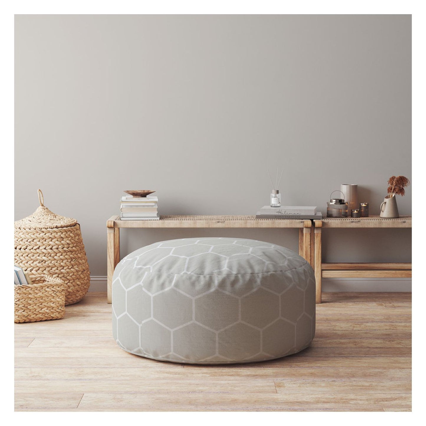 24" Gray Cotton Round Geometric Pouf Cover