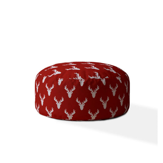 24" Red And White Cotton Round Stag Pouf Cover