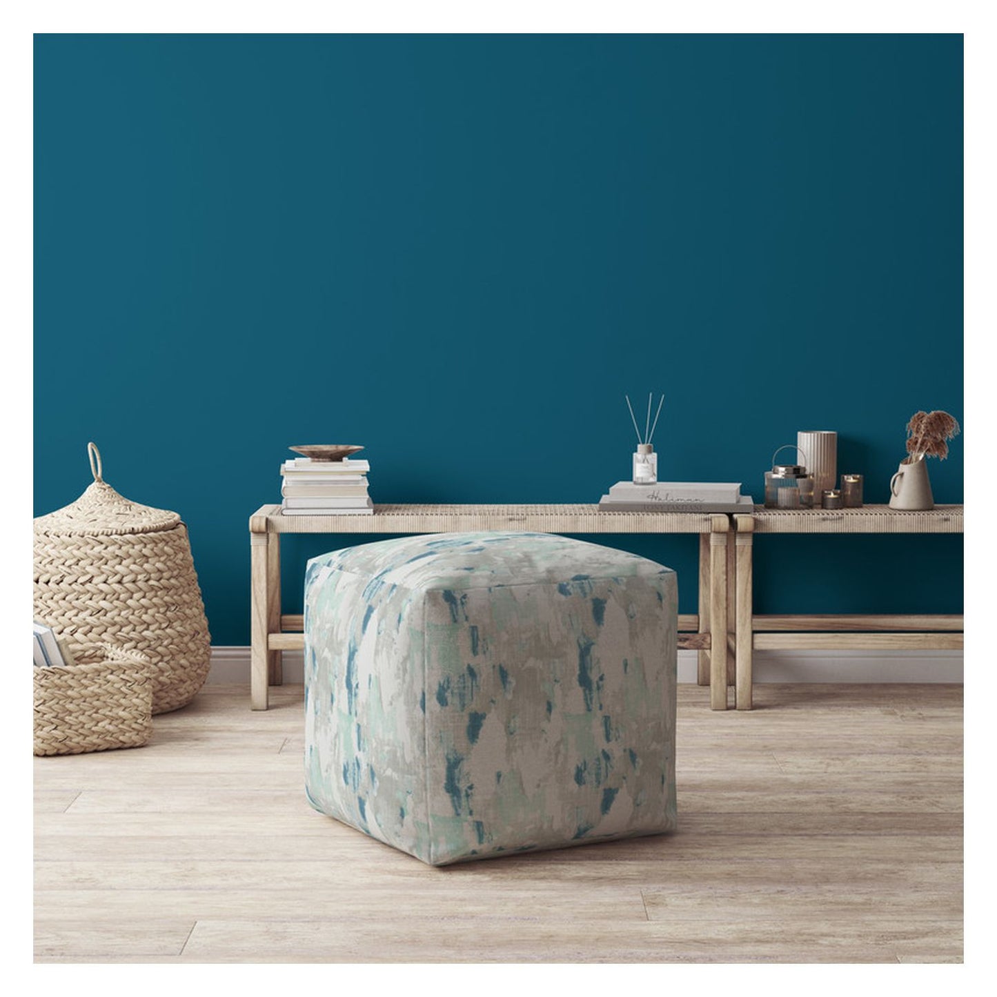 17" Blue And Gray Canvas Abstract Pouf Cover