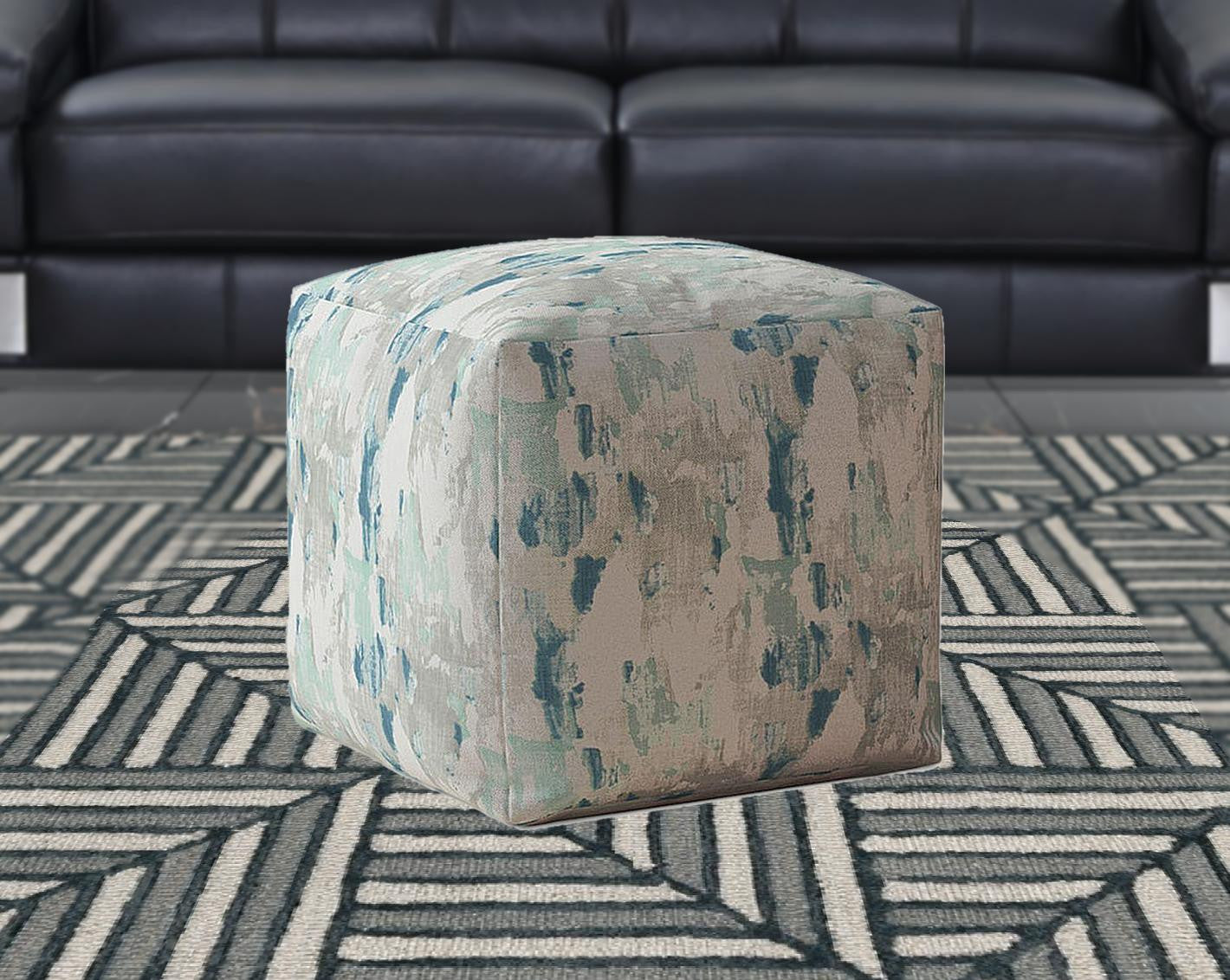 17" Blue And Gray Canvas Abstract Pouf Cover