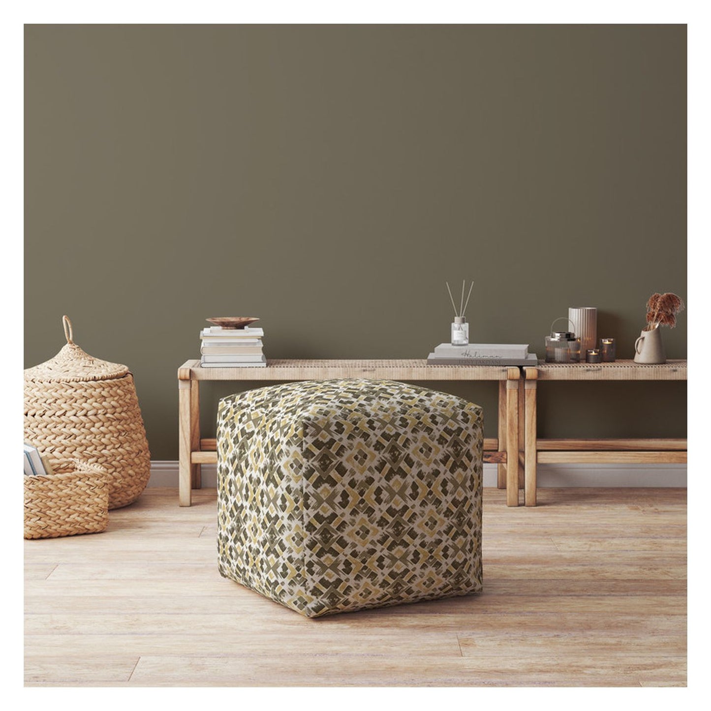 17" Beige Cotton Geometric Pouf Cover