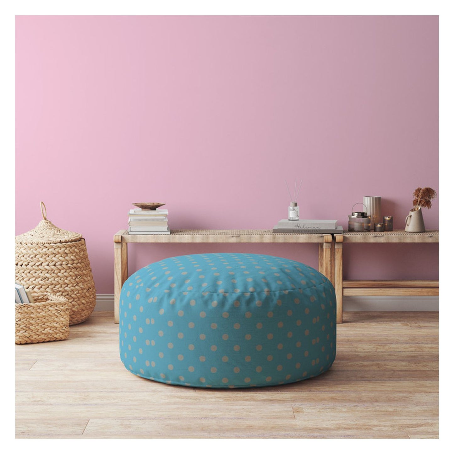 24" Blue And Gray Cotton Round Polka Dots Pouf Cover