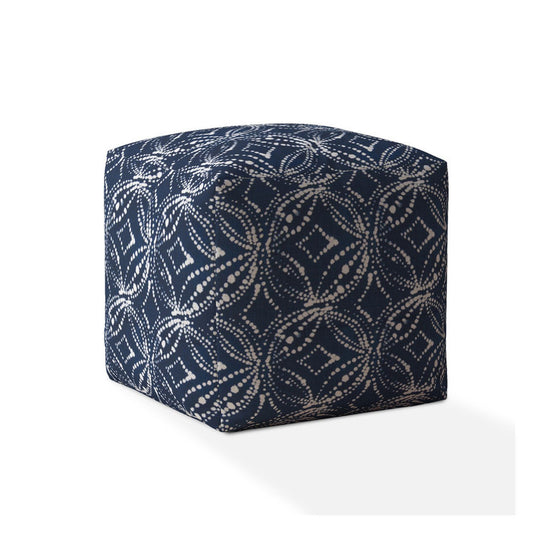 17" Blue And White Canvas Damask Pouf Cover