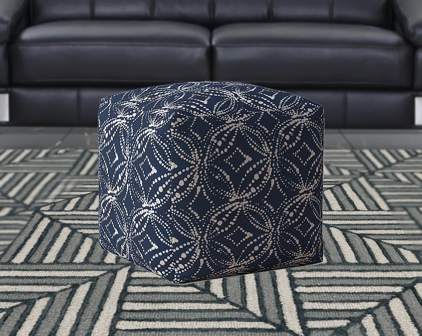 17" Blue And White Canvas Damask Pouf Cover