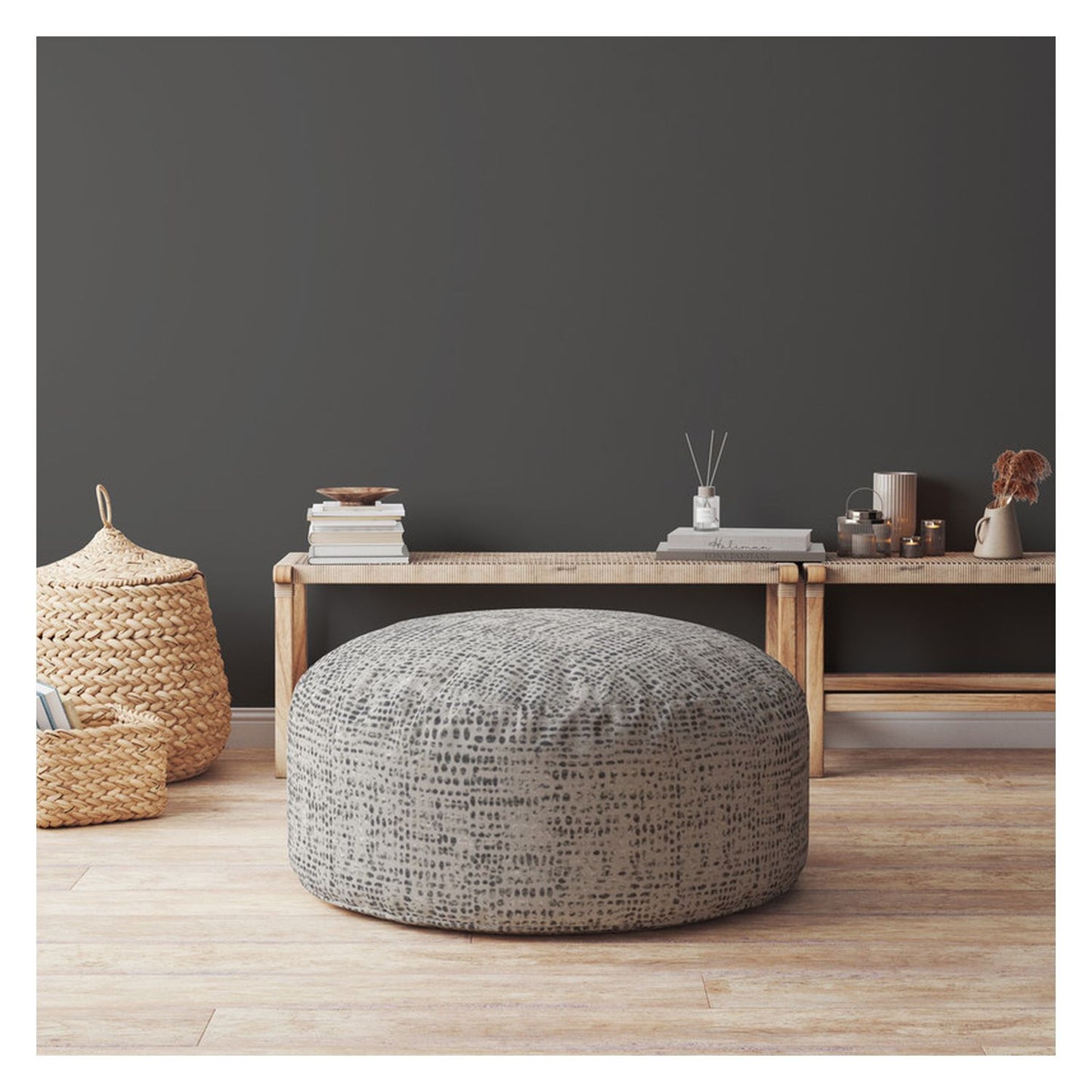 24" Black And Gray Canvas Round Abstract Pouf Cover