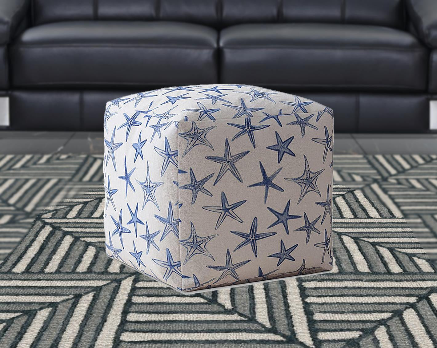 17" Blue And White Canvas Abstract Pouf Cover