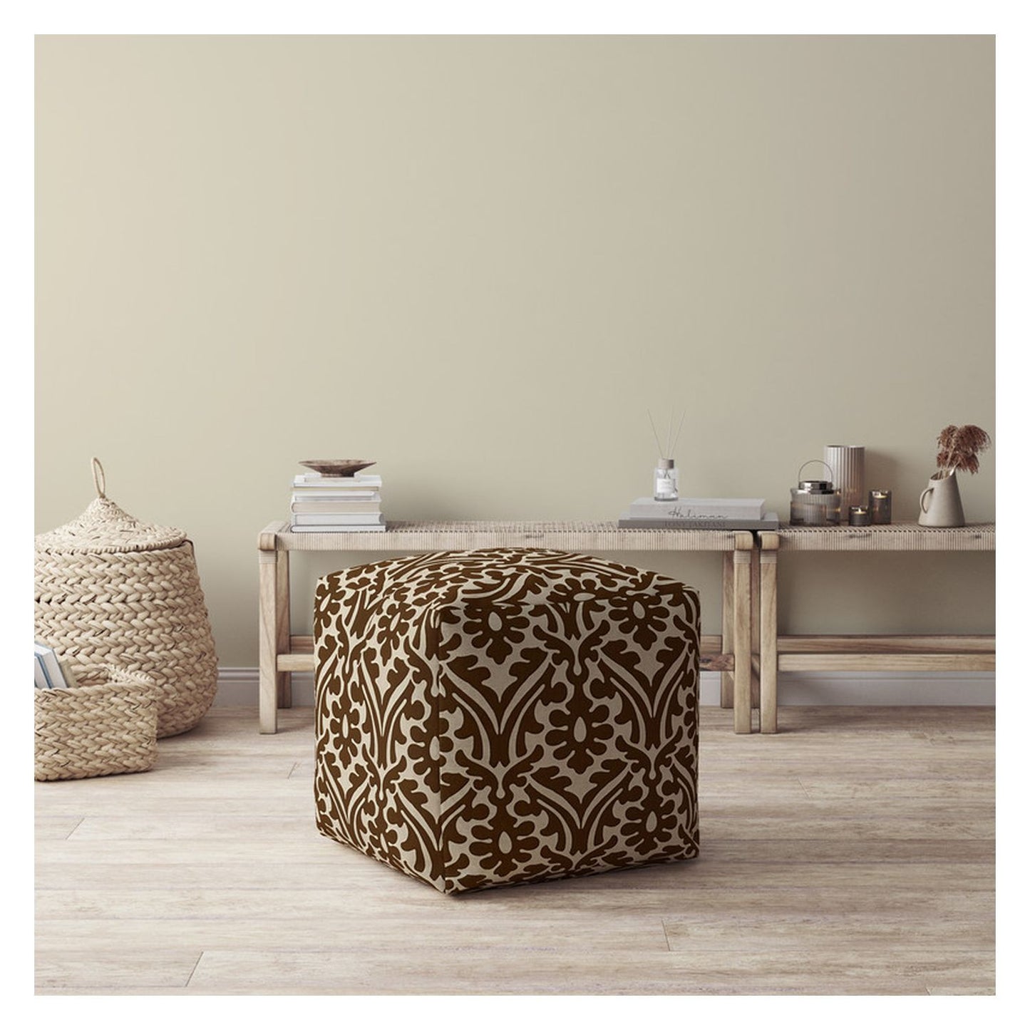 17" Brown Cotton Damask Pouf Cover