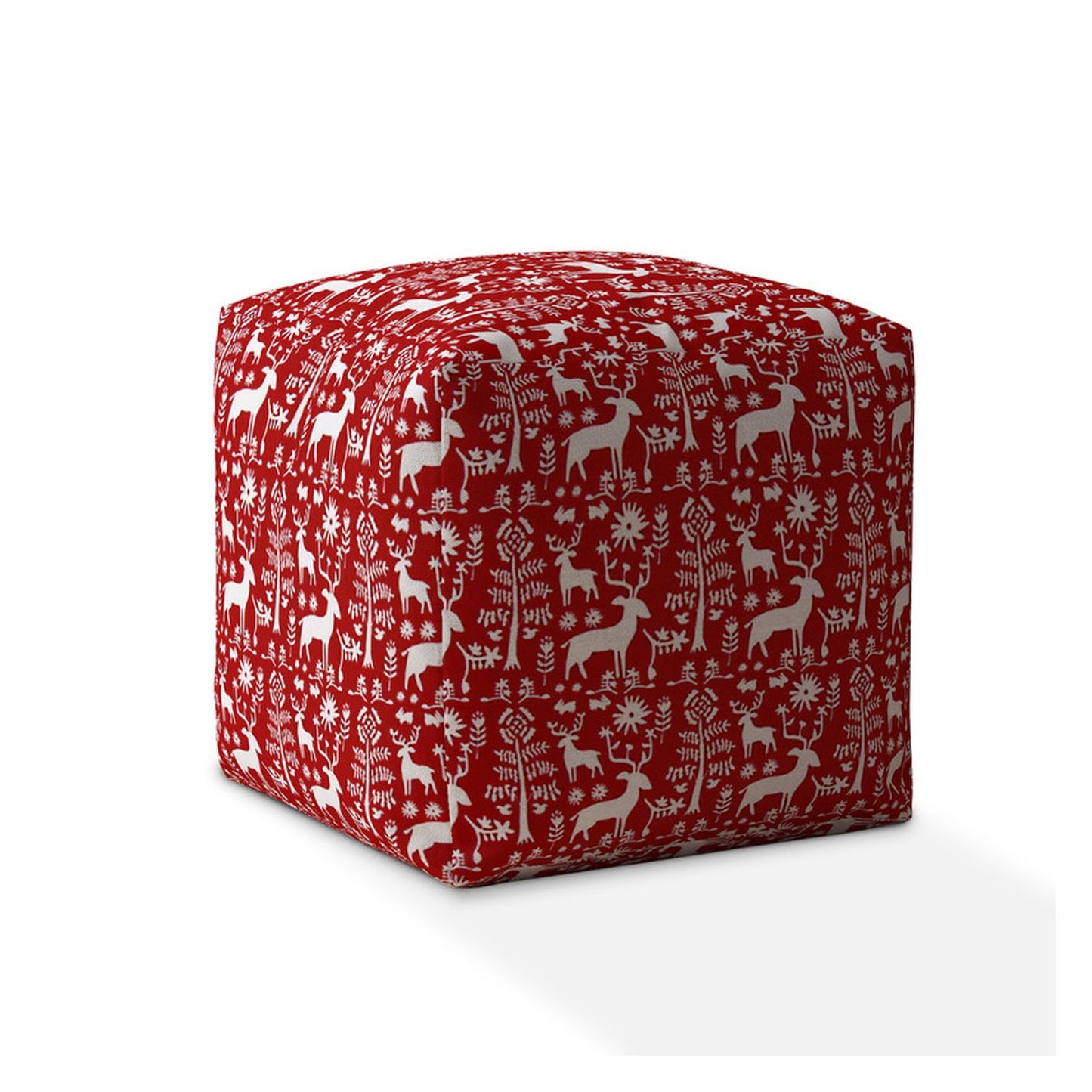 17" Red And White Cotton Stag Pouf Cover