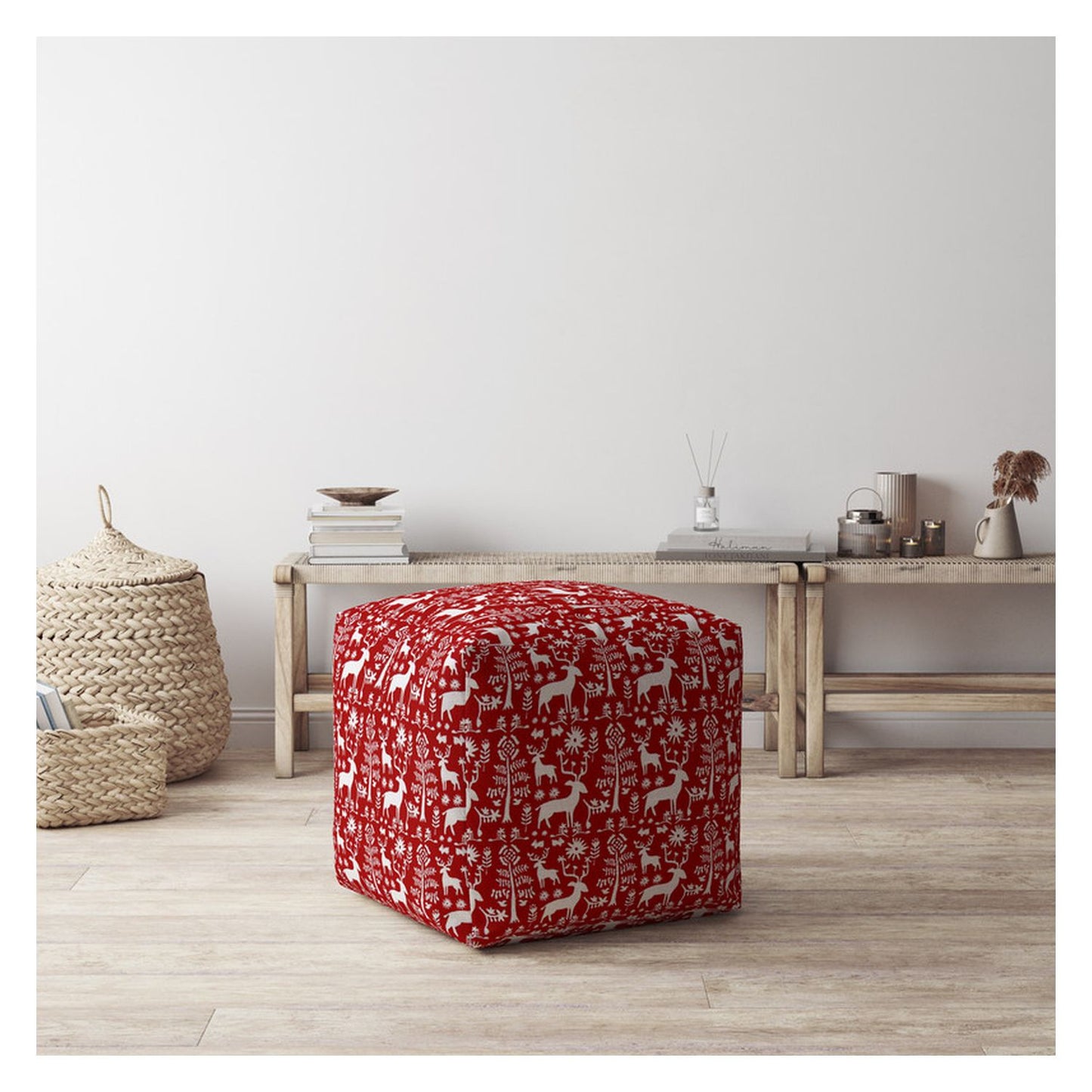 17" Red And White Cotton Stag Pouf Cover