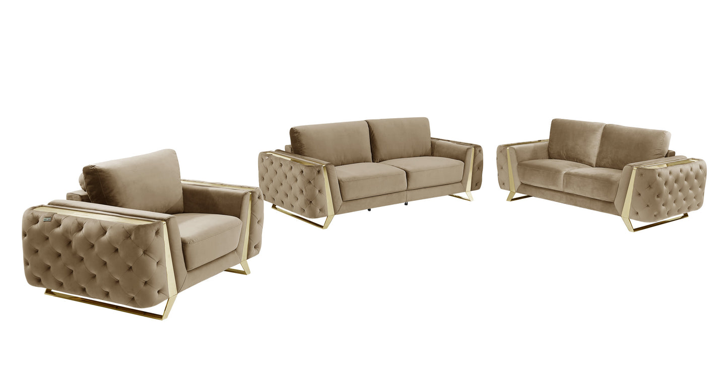 Three Piece Indoor Beige Velvet Six Person Seating Set