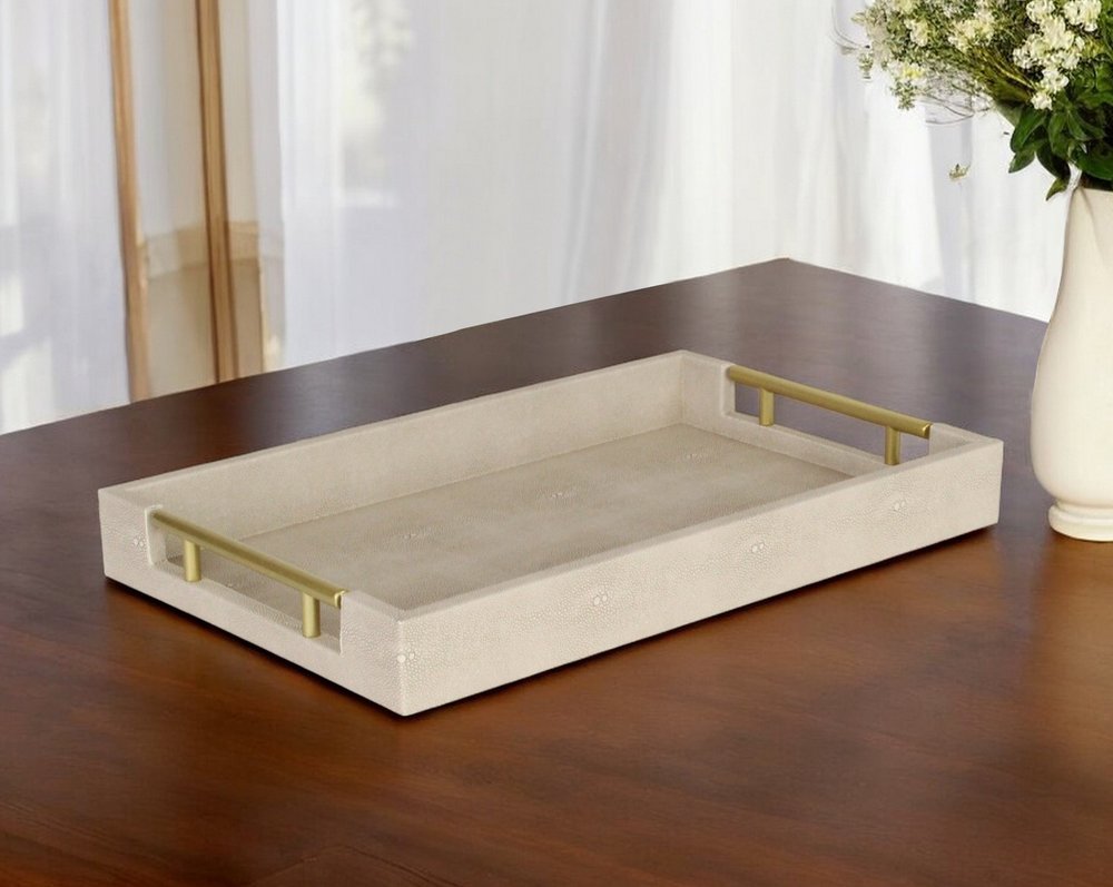 16" Cream Wood and Vinyl Faux Shagreen Serving Tray With Gold Handles
