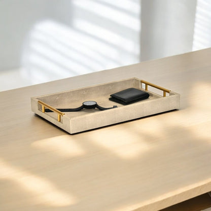 16" Cream Wood and Vinyl Faux Shagreen Serving Tray With Gold Handles