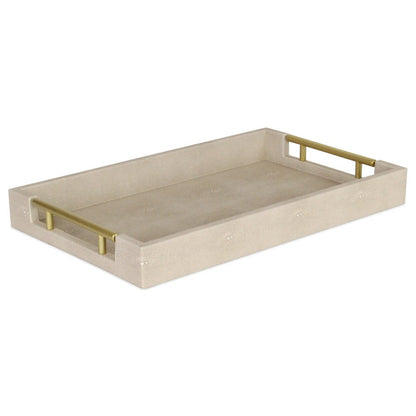 16" Cream Wood and Vinyl Faux Shagreen Serving Tray With Gold Handles