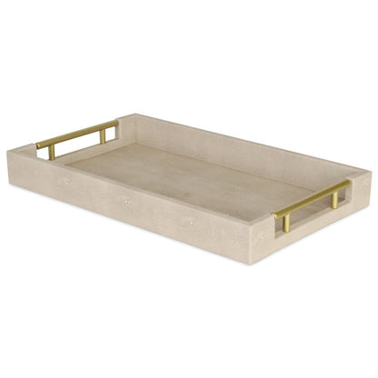 16" Cream Wood and Vinyl Faux Shagreen Serving Tray With Gold Handles