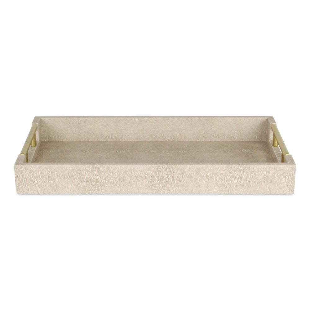 16" Cream Wood and Vinyl Faux Shagreen Serving Tray With Gold Handles