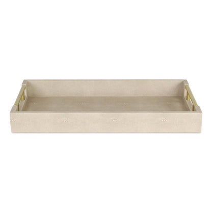 16" Cream Wood and Vinyl Faux Shagreen Serving Tray With Gold Handles