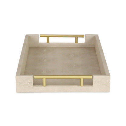 16" Cream Wood and Vinyl Faux Shagreen Serving Tray With Gold Handles