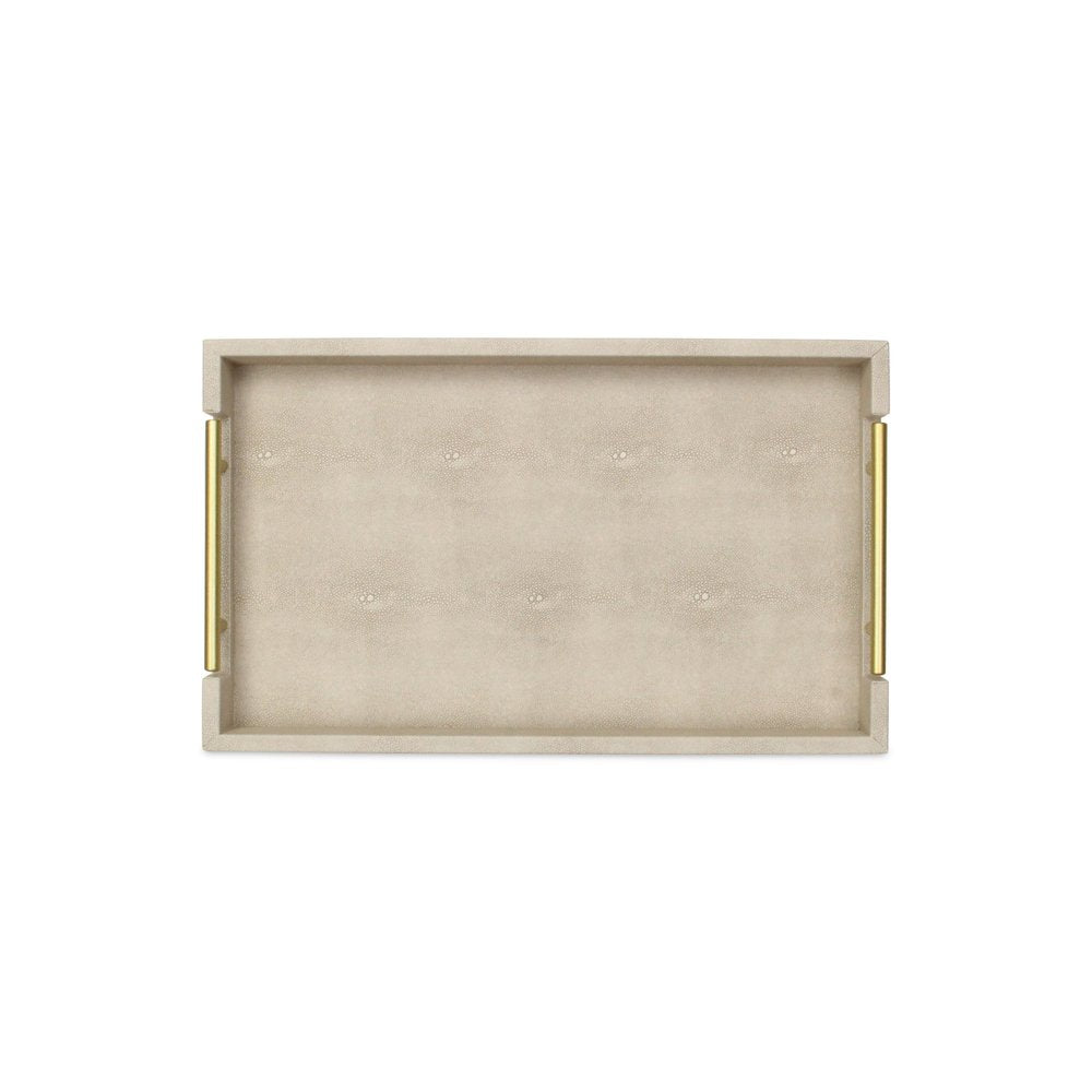 16" Cream Wood and Vinyl Faux Shagreen Serving Tray With Gold Handles