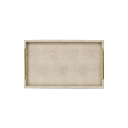 16" Cream Wood and Vinyl Faux Shagreen Serving Tray With Gold Handles