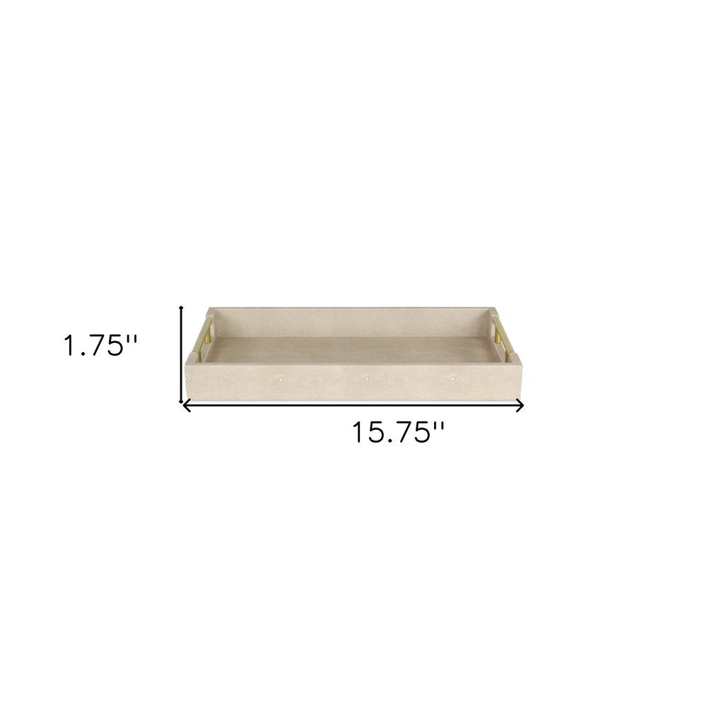 16" Cream Wood and Vinyl Faux Shagreen Serving Tray With Gold Handles