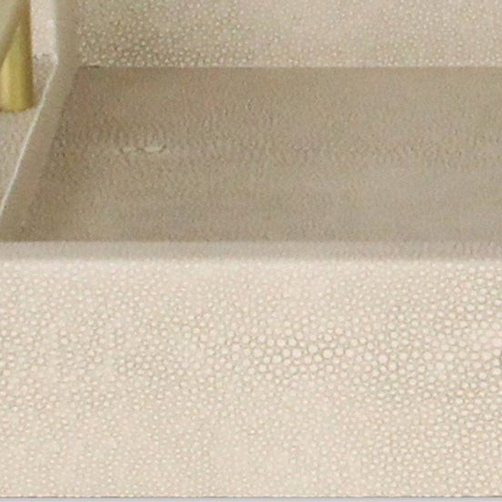 16" Cream Wood and Vinyl Faux Shagreen Serving Tray With Gold Handles