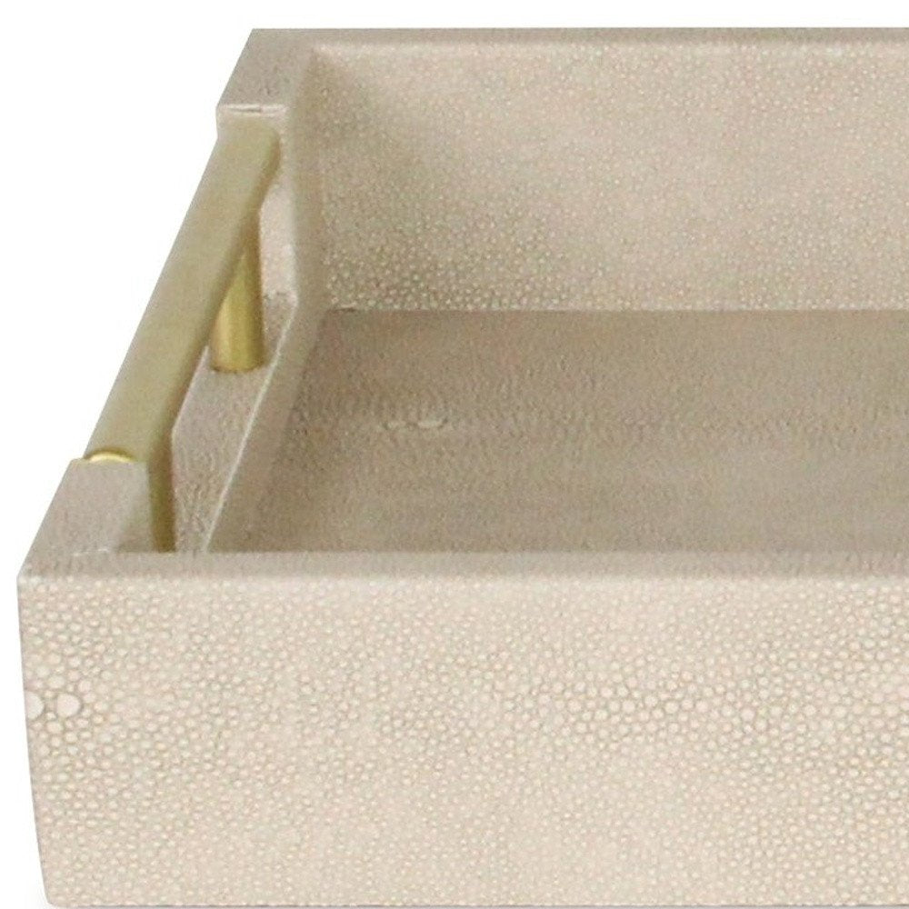 16" Cream Wood and Vinyl Faux Shagreen Serving Tray With Gold Handles