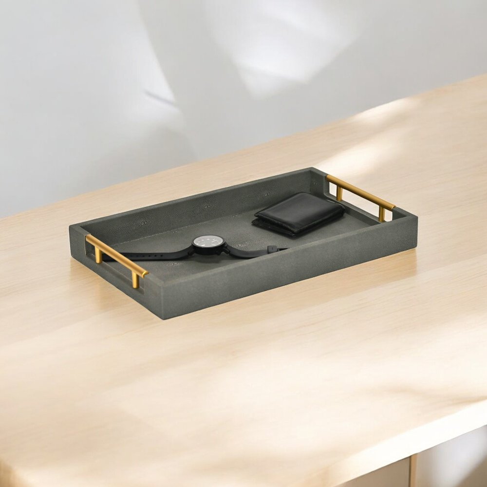 16" Gray Wood Faux Shagreen Serving Tray With Handles