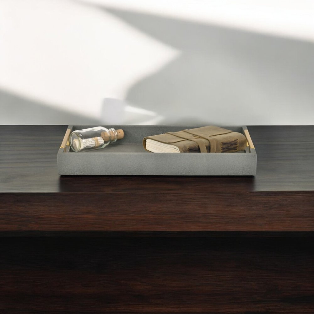 16" Gray Wood Faux Shagreen Serving Tray With Handles