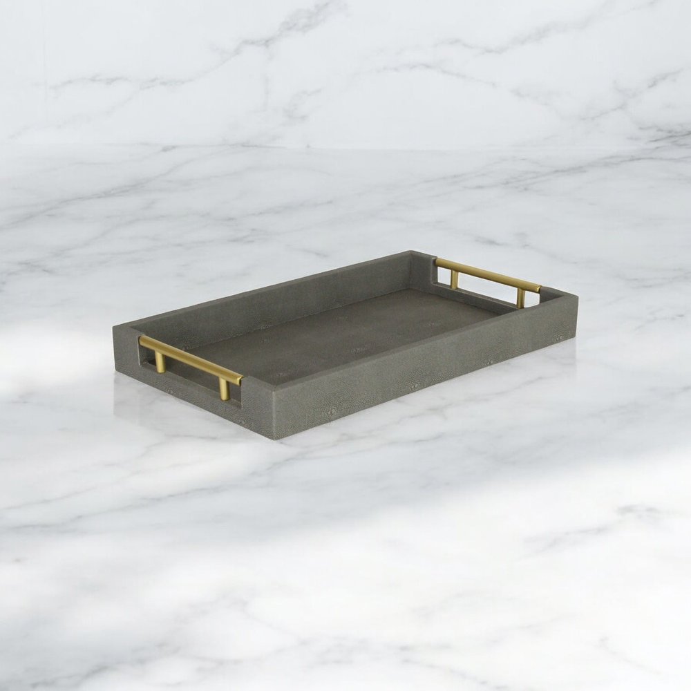 16" Gray Wood Faux Shagreen Serving Tray With Handles
