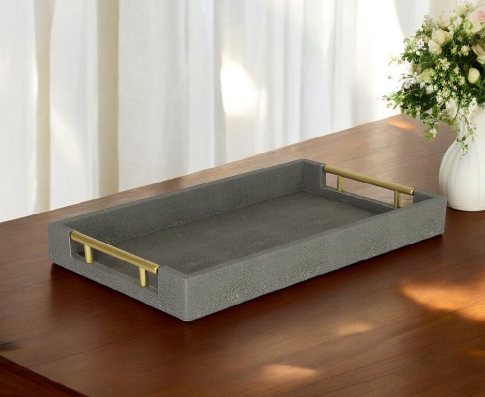 16" Gray Wood Faux Shagreen Serving Tray With Handles