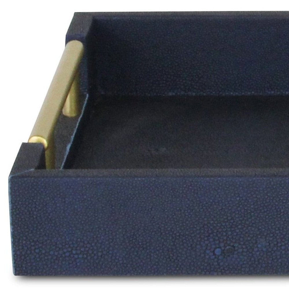 16" Navy Blue Wood Faux Shagreen Serving Tray With Handles