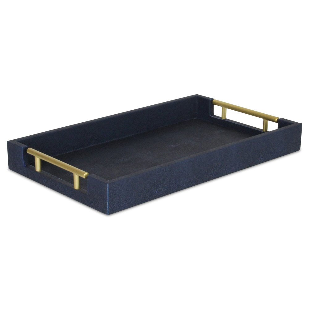 16" Navy Blue Wood Faux Shagreen Serving Tray With Handles